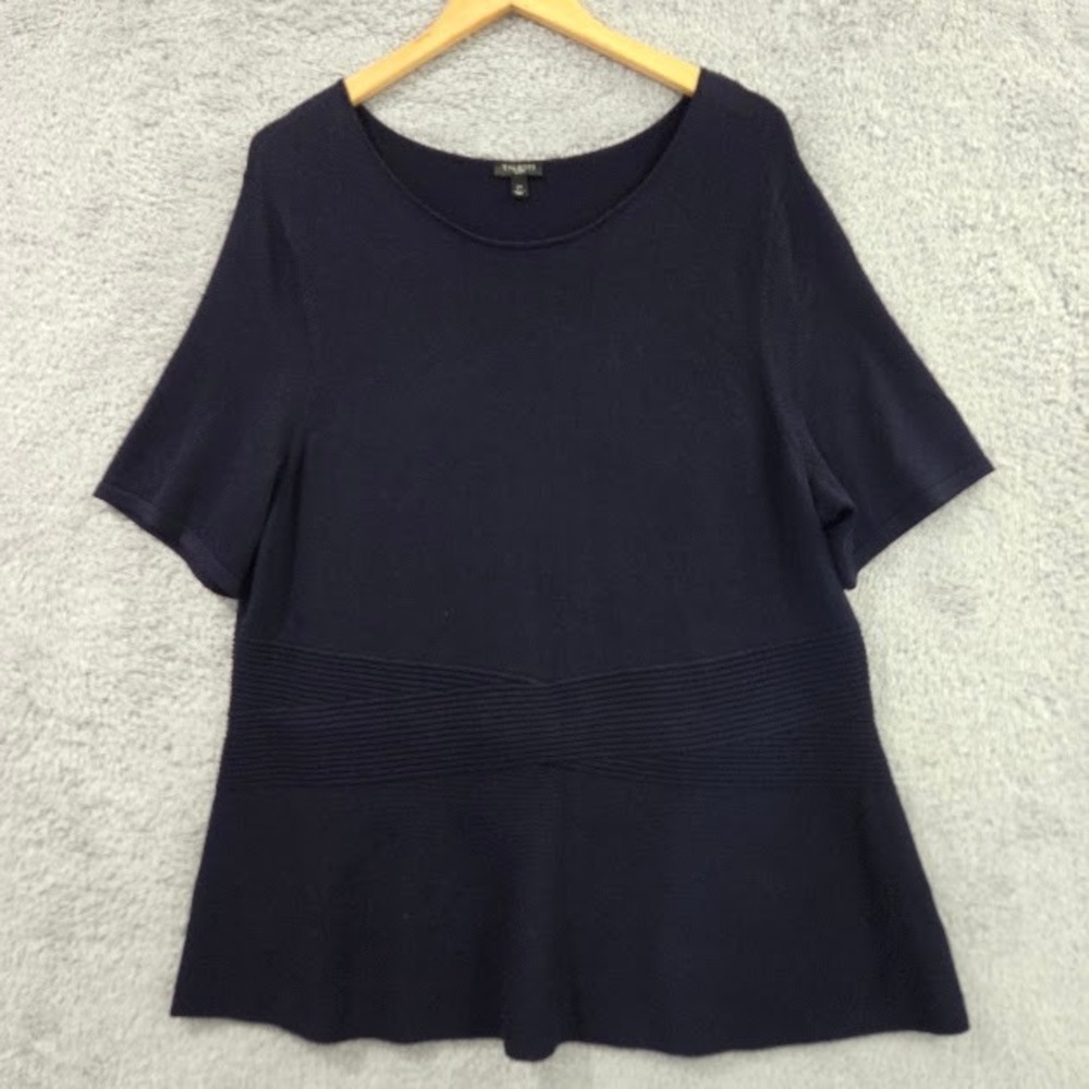 Talbots Knit Top Women's 2X Navy Blue Short Sleeve Ribbed Waist Peplum Business